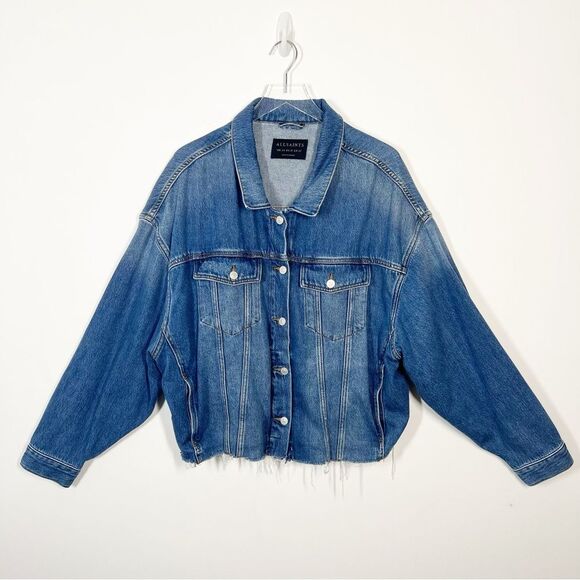 All Saints Women's Size 10 Blue Denim Piper Blue Cut Off Frayed Jean Jacket - Picture 4 of 13